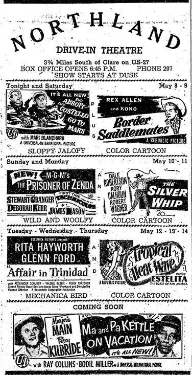 Northland Drive-In Theatre - Clare Sentinel Ad May 1953